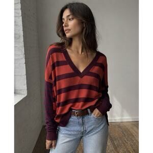 Derek Lam Denim Cashmere Blend Striped V Neck Sweater Oversized Medium